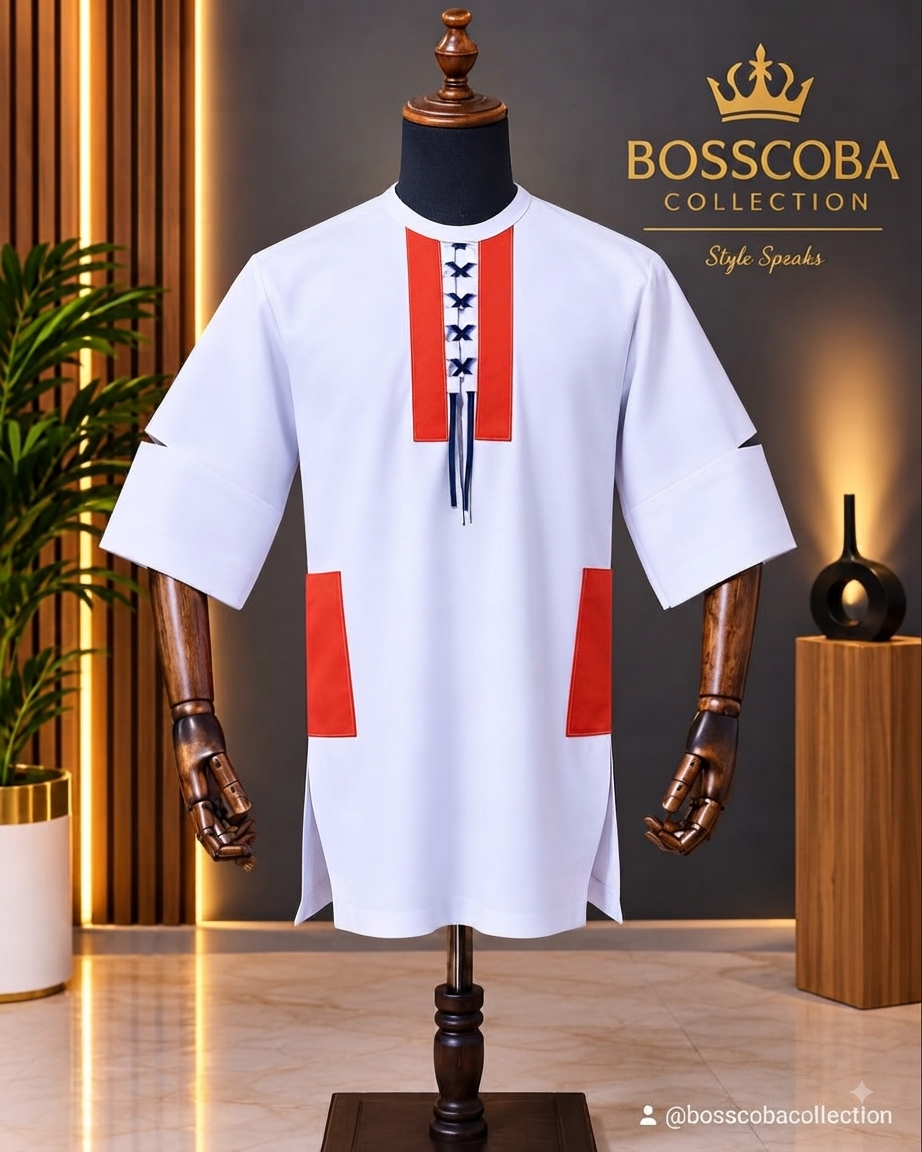 Men's White & Red Embroidered Short-Sleeve Kaftan