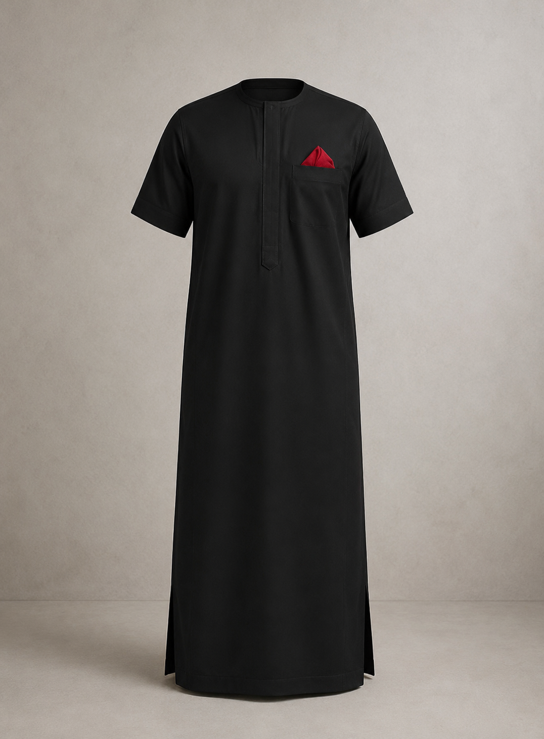 Men's Black Full-Length Kaftan with Red Pocket Square